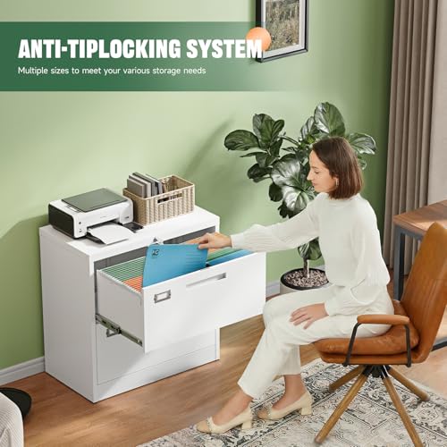 Image of Letaya 2 Drawer File Cabinet with Lock,Metal Lateral Filing Cabinet for Home Office,Hanging Letter /Legal /A4 Size (White, H27.95xW28.35xD15.74)