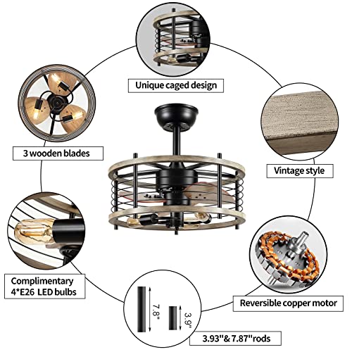 Shihot Farmhouse Caged Ceiling Fans With Lights And Remote, 20'' Rustic Vintage Wood Ceiling Light Black Metal, Industrial Light Fixture For Hallway Entryway Bedroom Balcony Dining Room, Reversible #TOP2
