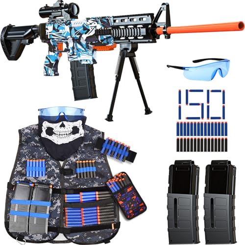 Toy Gun Automatic Sniper Rifle -3 Modes Toy Foam Blasters with Tactical Vest, Bipod, 2 Clips and 150 Darts, Electric Toys for Adults Boys Age 8-12 Gifts for Birthday Xmas
