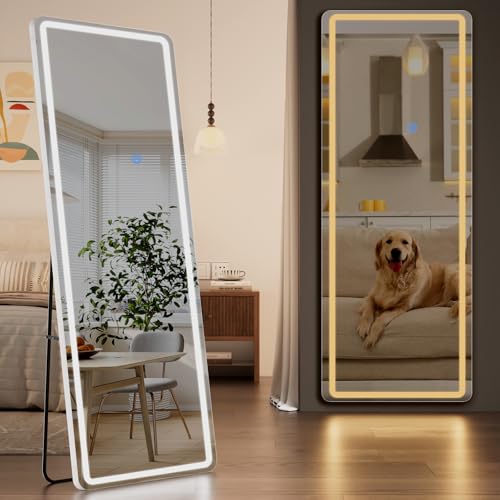 Image of Koonmi Full Length Mirror with LED Lights, 65 inchx26 inch Lighted Mirror with Dimming & 3 Color Lighting, Big Mirror for Bedroom, Dressing Room, Rectangle,White