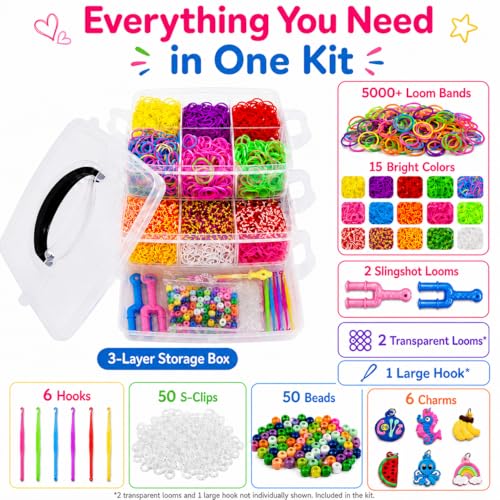Miniatura 3 de Oneck Pulseras De Gomas Kit, Loom Bands Para Hacer Pulseras 5000 Bandas Elásticas, Set Gomas Colores Con Telar, Caja 3 Niveles, Abalorios Y Charms, Manualidades Para Niños Y Niñas