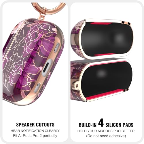 Image of wenew case for Airpods Pro 2 Case, Flower Airpod Pro Slim Hard Case Cover with Carabiner for Women Girls (Golden Purple)