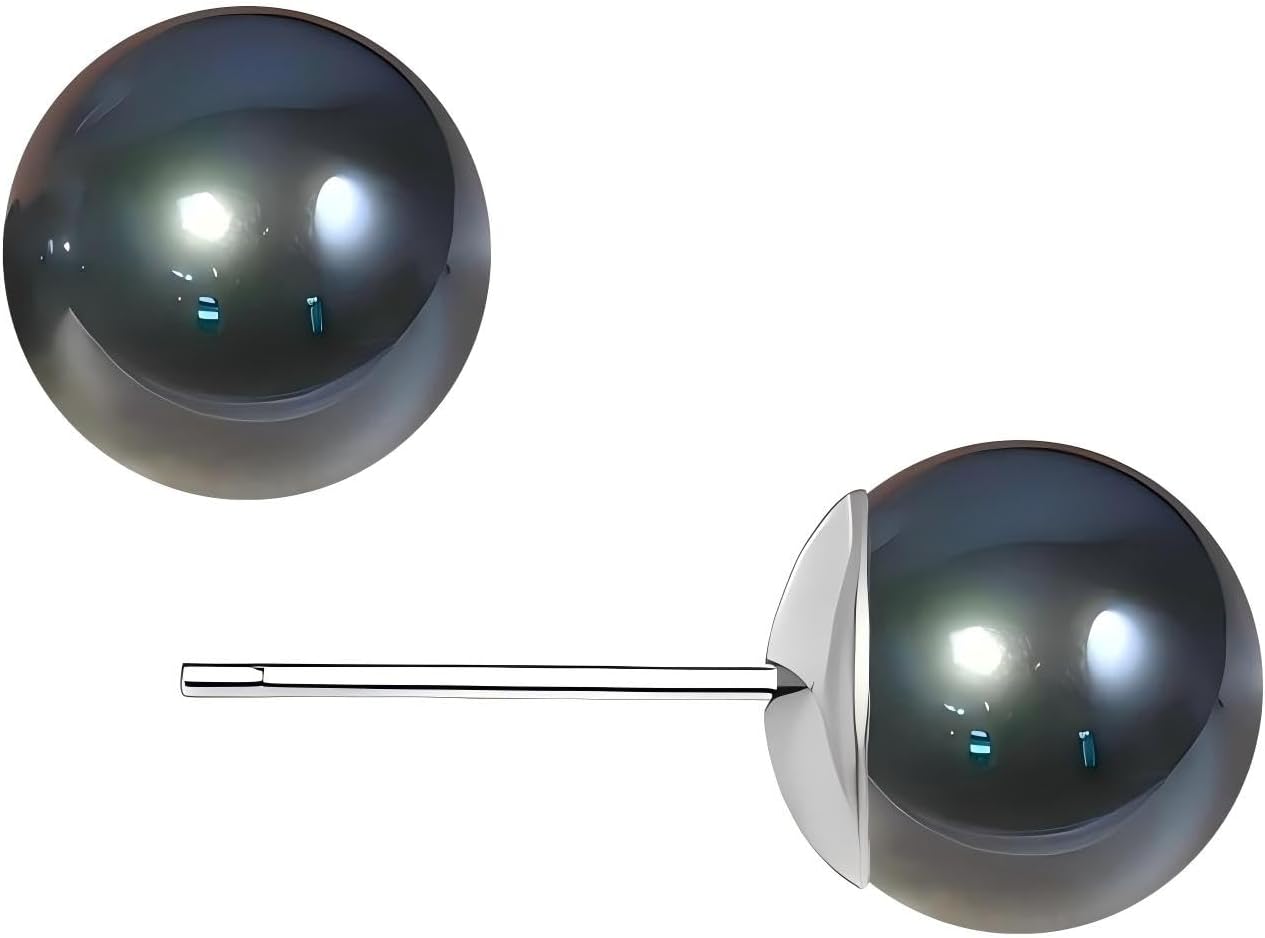 Tahitian Blue, Black Faux Pearl Stud Earrings, S925 Silver Posts Hypoallergenic for Women