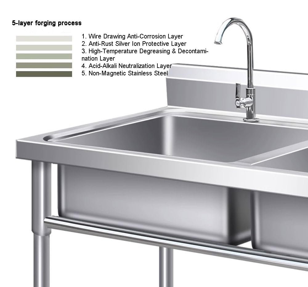 Lavello da cucina commerciale in acciaio inox – 1/2/3 vani, EN 1.4301 o 1.4372, in acciaio, preparazione degli alimenti e lavastoviglie, personalizzabile, per ristorante, macelleria, ristorazione