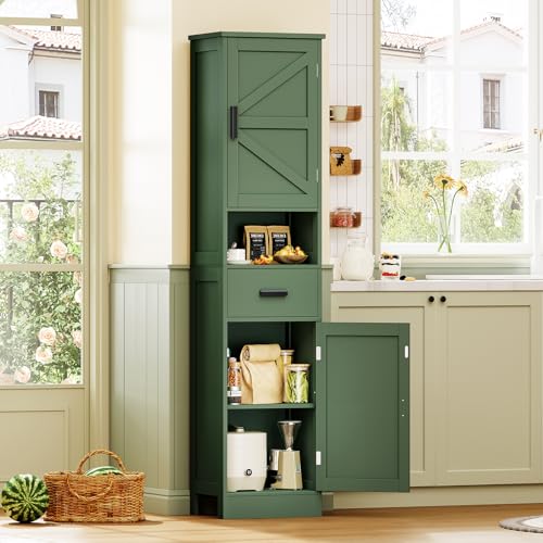 Image of TEENFON 67 inch H Tall Bathroom Storage Cabinet with Barn Doors and Drawer, Narrow Bathroom Cabinet, Narrow Storage Unit, Adjustable Shelves, Floor Cabinets for Living Room, Forest Green