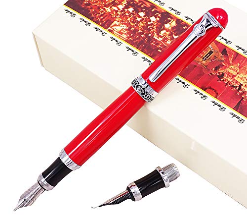 Duke Red Fountain Pen Double-Nibs Iridium Medium and Fude Calligraphy Nib Interchangeable Writing
