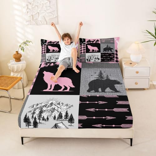 Erosebridal Rustic Bear Teens Fitted Sheet Hunting Wolf Deer Bed
