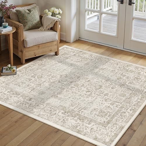 PureCozy Light Brown Area Rug 4x5 Office Entryway Rug Machine Washable Kitchen Vintage Distressed Non Slip Carpet Indoor Retro Floral Accent Throw Door Mat for Bathroom Bedroom Dining Living