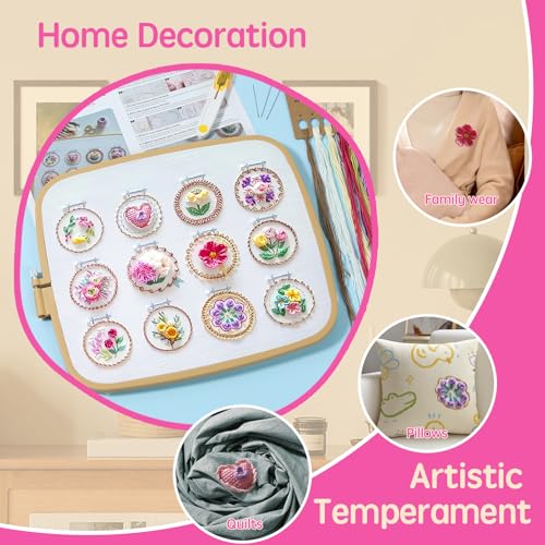 Image of PTMTFYL Small Flower Frame Embroidery Kit - Learn 12 Different Stitches DIY Hand Floral Embroidery Starter Kit with Pattern and Instructions