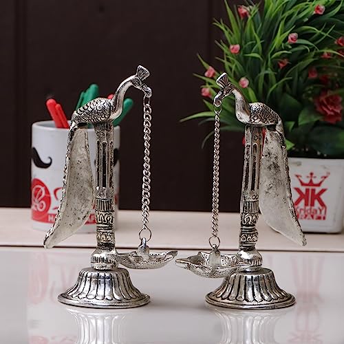 Image of Peacock Design Metal Hanging with Chain Diya Pair of Peacock Design Bird Diya Deepak Oil Lamp