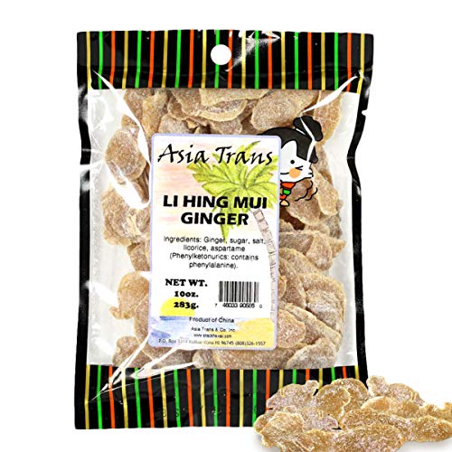 Asia Trans Li Hing Mui Dried Ginger Candy - Crystallized And Preserved Asian Fruit Slices With Plum Powder - Fresh-Packed Chews With Light Sugar - Instant Relief For Sore Throat And Nausea - 10 Oz #TOP27