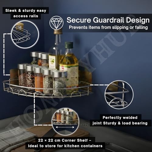 Image of Bathroom Organiser Without Drill | Adhesive Corner Shelf for Washroom Wall Hanging Corner Kitchen Sink Organizer Stainless Stee l Corner Stand for Kitchen & Bathroom (R Silver, Pack of 1)