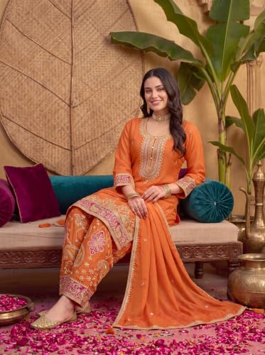Image of INDO ERA Women's Silk Blend Embroidered Straight Kurta & Pant With Dupatta Set (IEOUT10592)