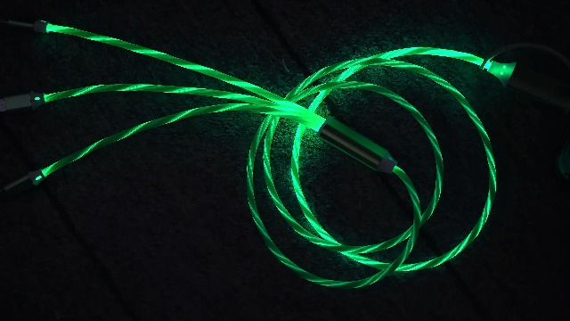 Image of 6-in-1 LED Green Flow Charging Cable, 47-inch USB Cable, Supports Simultaneous Charging & Data Transfer, Flexible Tangle-Free PVC, Multi-Device Compatible, Charges 3 Devices at Once.