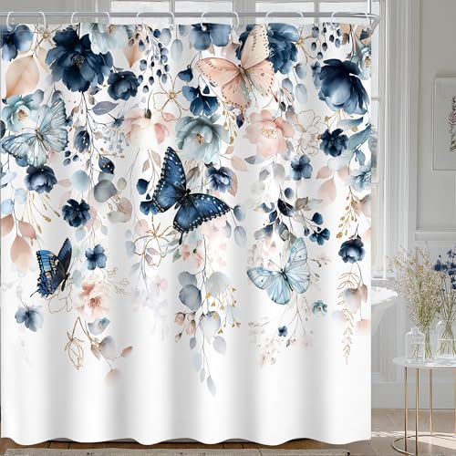 Ufeela Extra Long Blue Pink Shower Curtain 72Wx78H Inch Floral