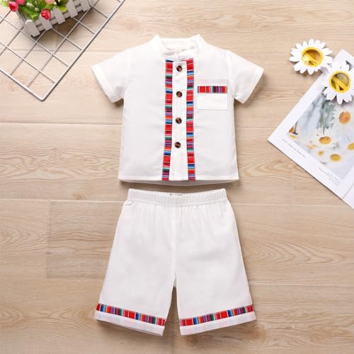 ODIZLI Traditional Mexican Baby Boy Clothes Embroidered Button Down Guayabera Shirt and Shorts Folklore Toddler Kids Ethnic Wear Cinco De Mayo Fiesta 2 Pieces Clothes Beige 3-4 Years - Thumbnail 2