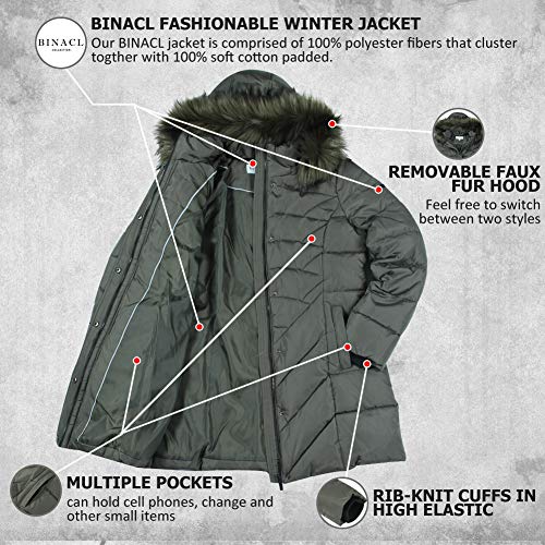 BINACL Hooded Down Alternative Warm Coats, Extreme Cold Winter Valentine Performance Women Most Wished&Gift Ideas Lined Outwear 100% Polyester Hiking Cotton Padding Jacket with Faux Fur(Army Green,M)