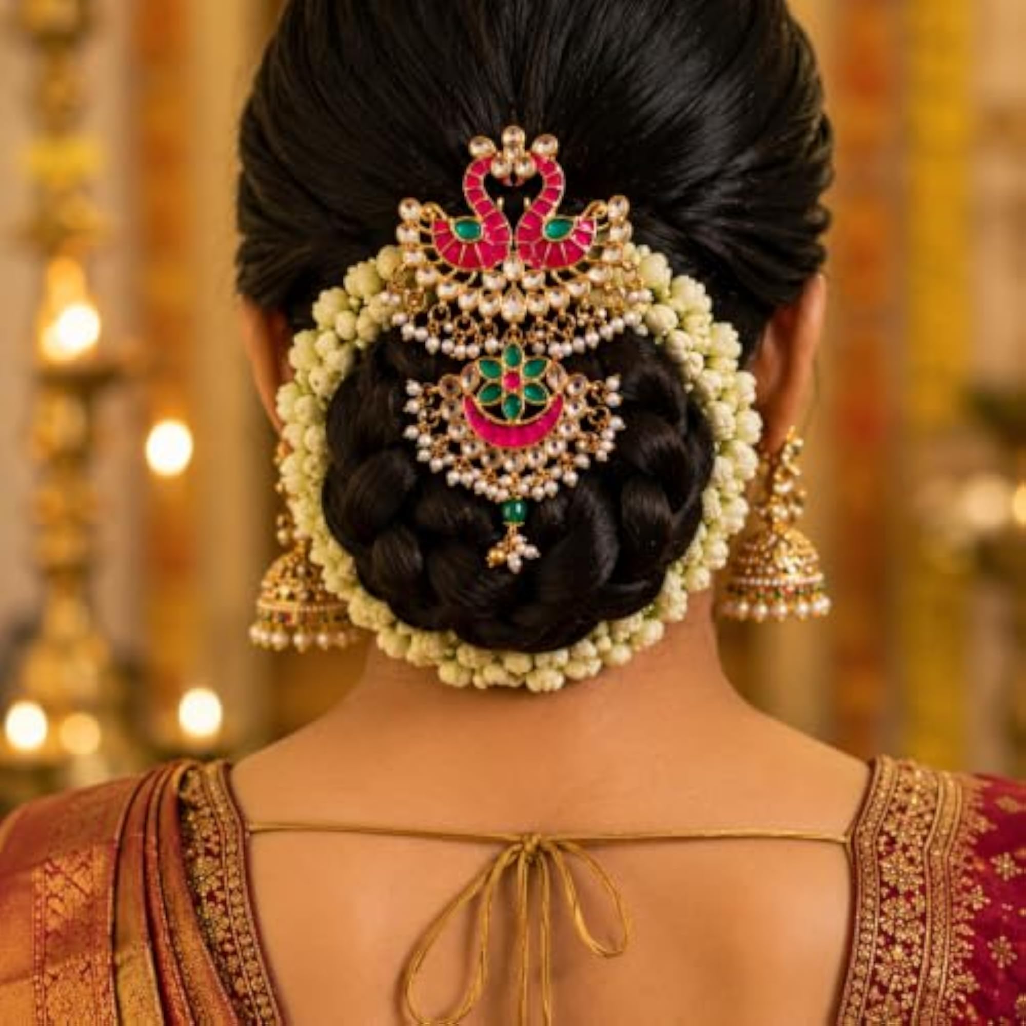 Traditional Rajasthani Peacock Hair Accessory with Kundan Pearl Hairpin