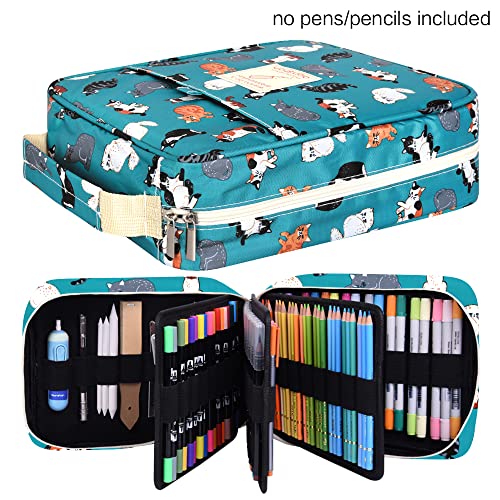 Pencil Case Holder Slot - Holds 202 Colored Pencils Or 136 Gel Pens With Zipper Closure - Large Capacity Polyester Pen Organizer For Watercolor Pens Or Markers - Perfect For Artist Lake Blue Cat #TOP1