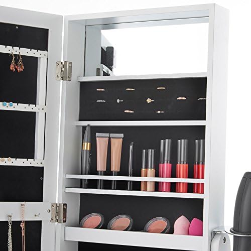 Beautify Storage Mirror, Full Length Free Standing Armoire, Tiltable Floor Mirror w/LED Lights, Earring, Ring & Necklace Hooks & Hairdryer Ring, Easy to Assemble Jewellery Storage