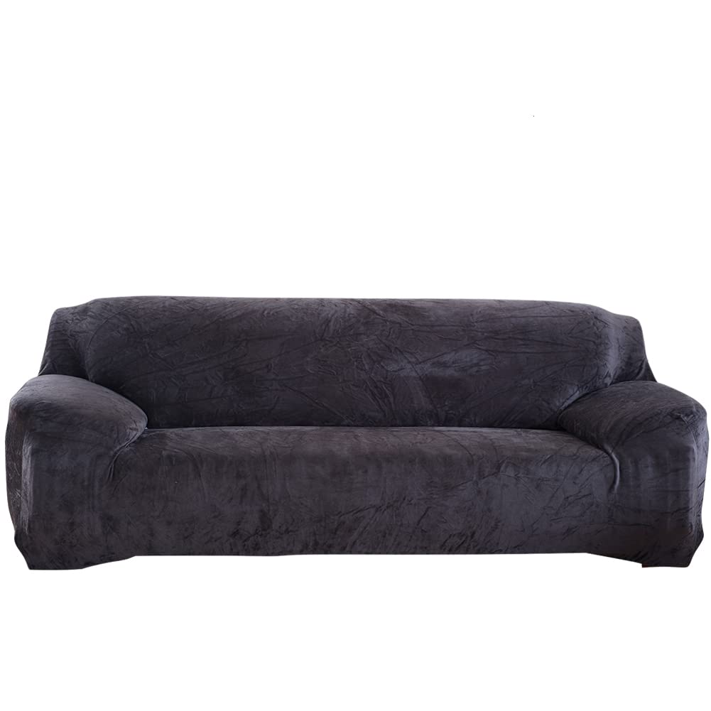 Topchances Plush Sofa Cover 1/2/3/4 Seater Pure Color Sofa Protector Velvet Easy Fit Elastic Fabric Stretch Slipcover Soft Couch Covers (Dark Grey, 4 Seater(230-300cm))