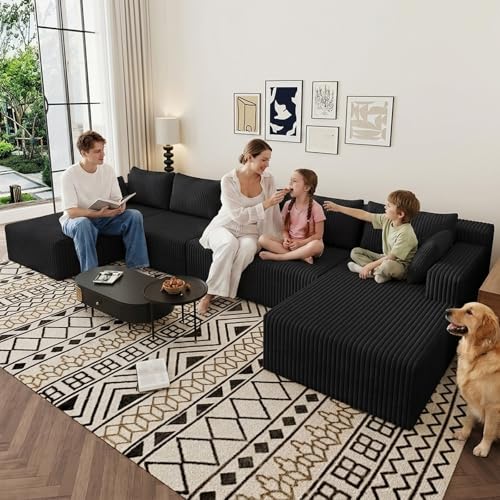 Image of 160 inch U-Shape Cloud Couch, Modern Modular Sectional U-Shape Sofa, Corduroy Boneless Couch Upholstered Couches Deep Seat Sleeper Chaise Longue for Living Room, No Assembly Required, Black