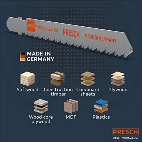 Presch Jigsaw blades Wood 10 pcs. - Very clean, straight cut (3-30mm) - Durable T shank saw blades for all jigsaws - Saw blades for chipboard sheets, softwood, MDF and more - Fine jigsaw blades