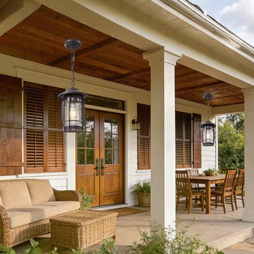 LOUSACE 1-Light Outdoor Pendant Light for Porch - Oil Rubbed Bronze Outdoor Chandelier Lantern Waterproof Aluminum Exterior Hanging Porch Light with Seeded Glass for Entrance, Gazebo, Patio, ETL List by LOUSACE - Used condition - Image 2