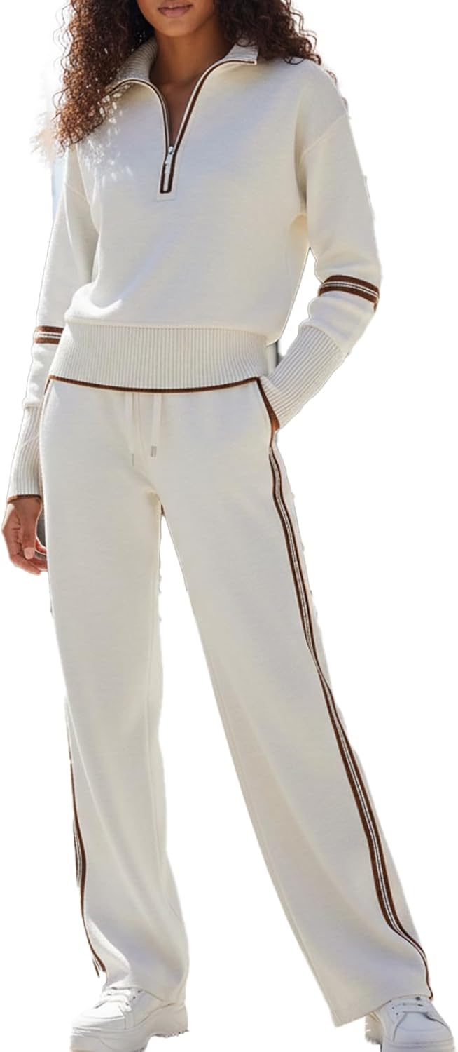Women’s Grey White Half Zip Sweatshirt and Wide Leg Pants Set, Retro Sporty Striped Webbing Loose Knit Lounge Outfit