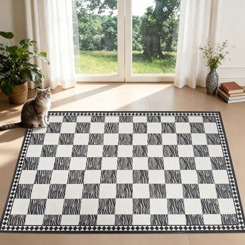 Lacomfy Modern Check Rug 3.3x5Ft Zebra Stripe Checkered Carpet for Bedroom Living Room Kids Room, Nonslip Washbale White and Black Mat, Geometric Abstract Stripe Checkerboard Pattern, Indoor Decor