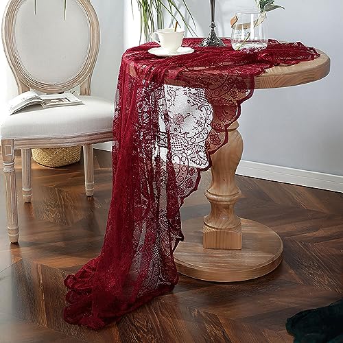 auons Round Lace Tablecloth 75 inch, Vintage Floral Embroidered Table Cloth, Romantic Chic Lace Table Cover for Wedding Banquet Party Holiday Dinner Table Decor, Red