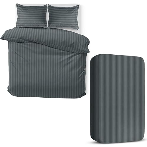 Moonlight20015 Striped Charcoal 4 Piece Double Bedding Set Satin Stripes Duvet Cover Fitted Sheet With Pillow Cases Hotel Quality Soft Brushed Microfiber Charcoal