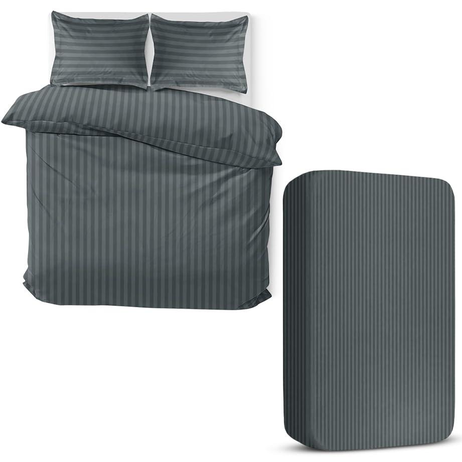 MOONLIGHT20015 4 Piece Super King Bedding Set Satin Stripes Duvet Cover Fitted Sheet with Pillow cases Hotel Quality Soft Brushed Microfiber Charcoal โ image 1