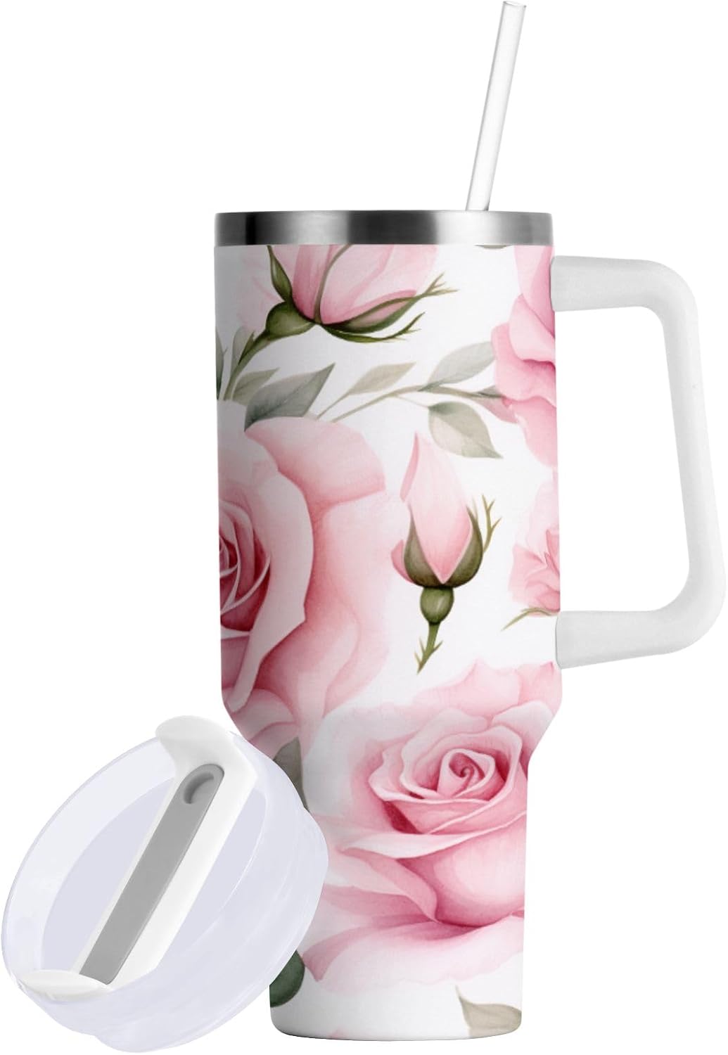 40oz Stainless Steel Insulated Tumbler With Handle And Lid Straw Travel Mug Thermal Cup Rose Pink Flower - Image 2