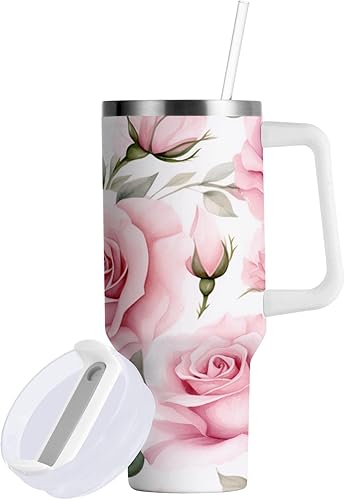 Miniatura 2 de Vaso aislado de acero inoxidable de 40 onzas con asa y tapa, taza de viaje con pajita, taza térmica, flor rosa rosa