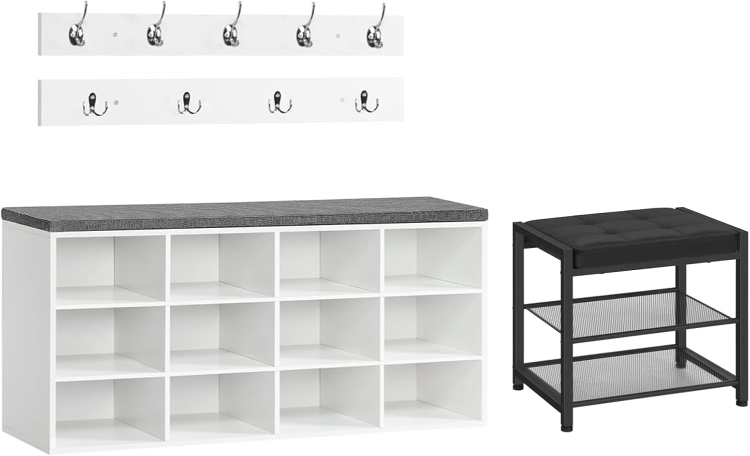 HOOBRO Shoe Storage Bench and Small Shoe Bench Bundle, 3-Tier Shoe Rack, Entryway Hall Tree with Storage, Shoe Storage Bench with PU Seat Cushion, Freestanding Shoe Organizer, WT112HX01-BB33HX01