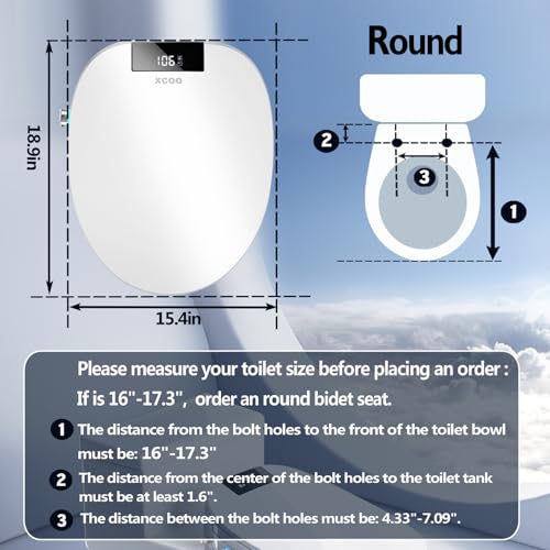 XCQQ Electric Bidet Toilet Seat Round, Heated Toilet Seat, Instant Warm Water, Warm Air Dryer, Rear Feminine and Oscillating Washing, Wireless Remote, Night Light, Slow Close Lid, LED Display