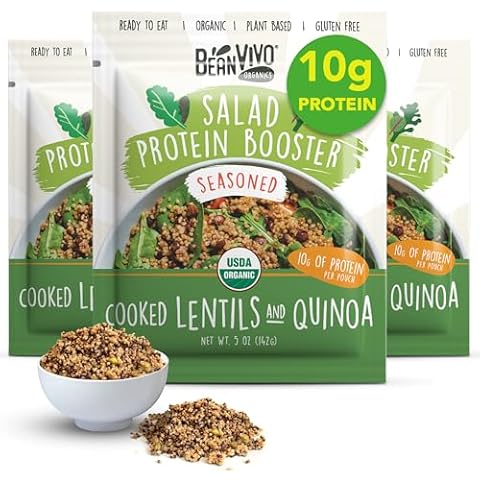 BeanVIVO 3-Pack Salad Protein Booster - Organic Lentils & Quinoa, fully cooked and seasoned, delivering a burst of taste and 10g of protein-packed goodness in every pouch 5oz Cover