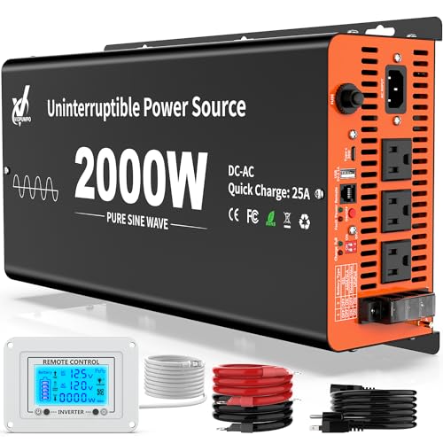 2000 Watt Sump Pump Battery Backup System, Pure Sine Wave Output, Professional Backup System in The Event of a Power Outage, Remote Controller with LCD Screen, Automatic Grid and Battery Switchover