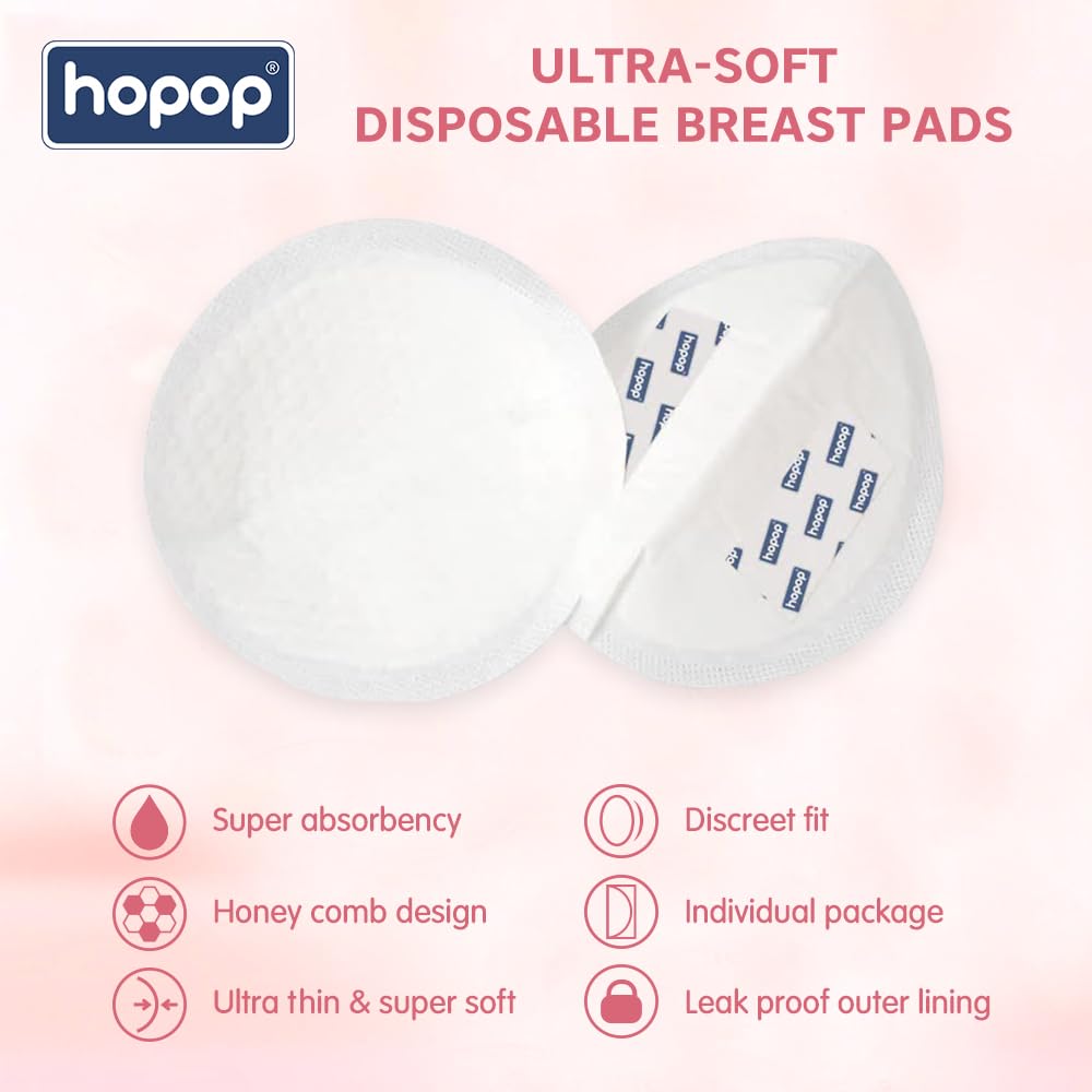 Hopop Disposable Breast Pads for Feeding Mothers | Ultra Thin Honey Comb Nursing Breast Pads | 60 pcs Highly Absorbent & Soft, Discreet Fit Breastfeeding Maternity Pads | Breast Milk Leak Pads | White 1