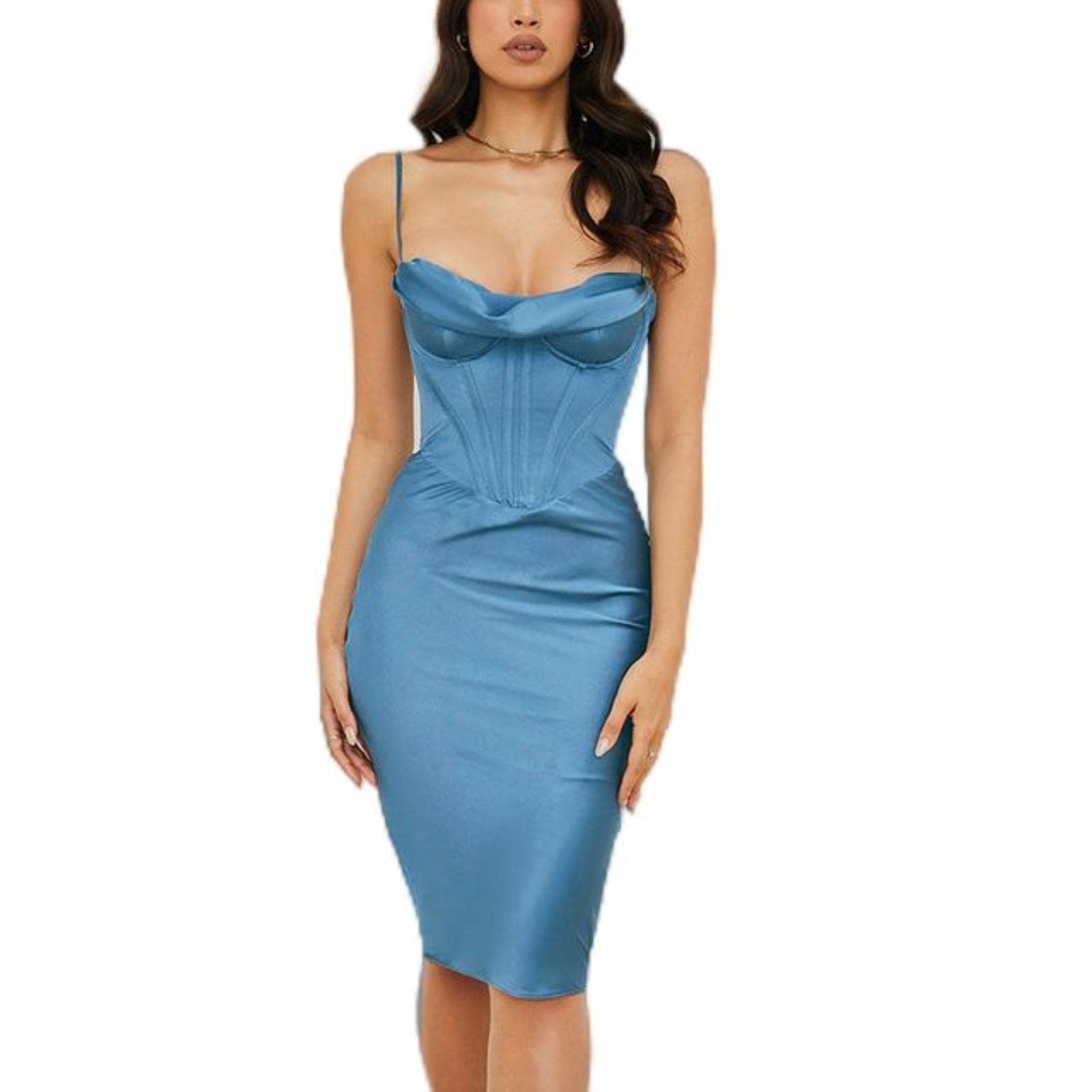 Wszjln Women's Blue Satin Spaghetti Strap Bodycon Dress For Summer Sleeveless Backless Double Layer Party Club Dresses-,S