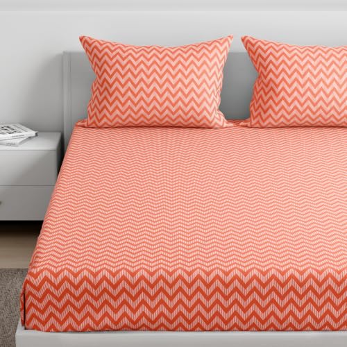 Image of Wakefit 100% Cotton 160 TC Fitted Bedsheet with 2 Pillow Covers | Makena King, 75 inch x 72 inch, Makena | 1.91m x 1.83m