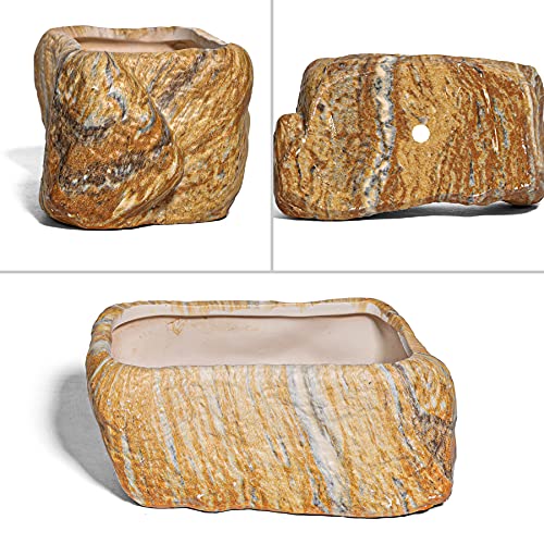 T4U 5.5 Inch Ceramic Succulent Pot Planter With Drainage Hole Set Of 3, Stone Shape Rectangle Window Box Cactus Plant Containers Gift For Mom Sister Aunt Best For Home Office Table Desk Decoration #TOP6