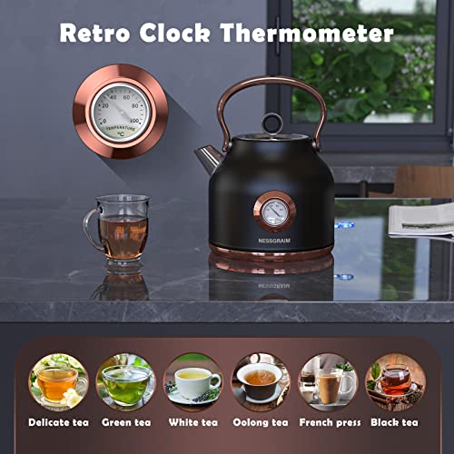 Nessgraim Retro Electric Kettle, 1.7L Stainless Steel Tea Kettle With Large Temperature Gauge, 1500W Fast Heating Hot Water Boiler With Led Indicator, Auto Shut-Off & Boil-Dry Protection-Reteo Black #TOP3