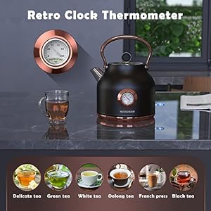 Retro Electric Kettle, 1.7L Stainless Steel Tea Kettle with Large Temperature Gauge, 1500W Fast Heating Hot Water Boiler with LED Indicator, Auto Shut-off & Boil-Dry Protection-Reteo Black Retro Electric Kettle 17L Stainless Steel Tea Kettle with Large Temperature Gauge 1500W Fast Heating Hot Water Boiler with LED Indicator Auto Shut off Boil Dry Protection Reteo Black