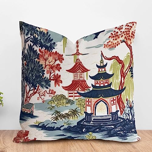 ArogGeld Japanese Chinoiserie Cushion Covers Red Black Pagoda Watercolor Flower Throw Pillow Covers Asian Dark Blue Red Pagoda Euro Sham Pillow for Living Room 22x22in White Flax