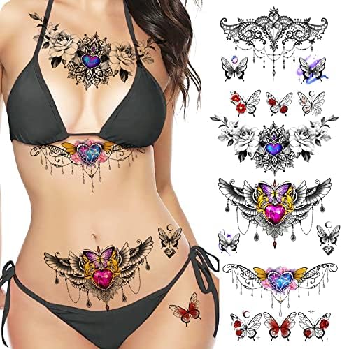 ROARHOWL sexy temporary tattoos for women,sexy tattoo kit, beautiful and exquisite,3D realistic flowers, butterflies, abdomen, chest, waist and back apply false tattoos for girl (Design 1)