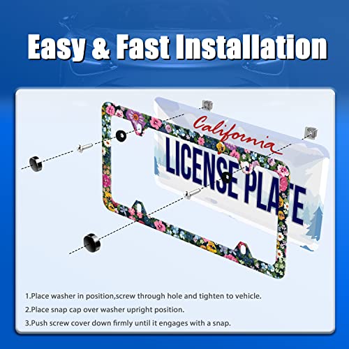 Watercolor Flowers Floral License Plate Frame Cute Daisy Blossoms License Plate Cover Stainless Steel Car Accessory Rustproof Personalize Colorful License Plate Screws Decorative 12.3" X 6.3" Women #TOP2