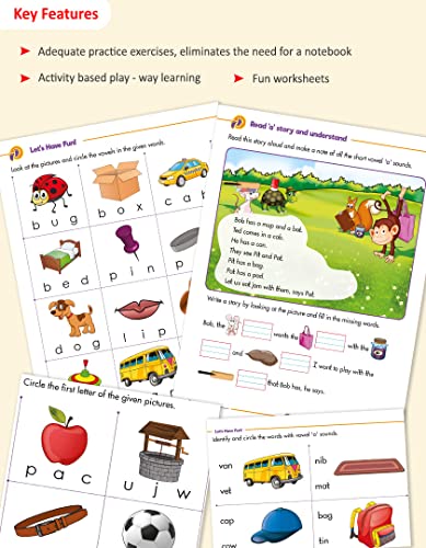 Image of Woodsnipe Phonics Reader and English Activity book for Preschool Ages 3 to 6 Years| Worksheets on Vowels, Consonants, Rhyming Words, Letter Tracing and Colouring, Vocabulary, Sight words | Combo of 2