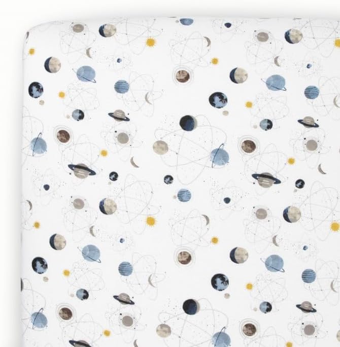 Little Unicorn Sábana de cuna de punto elástico prémium  Súper suave con elasticidad óptima (planetas)